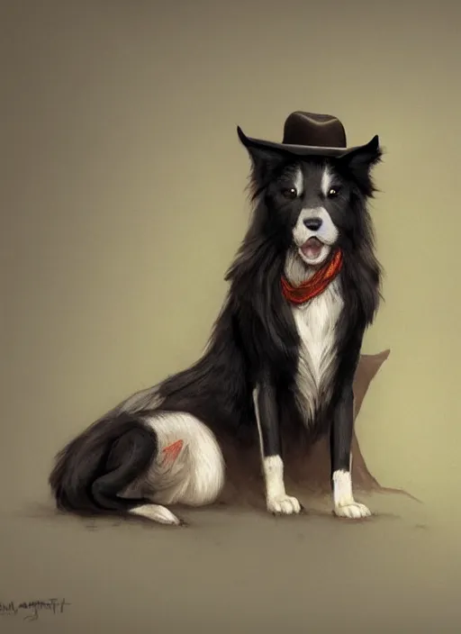 Image similar to wide angle beautiful full body portrait of a strong male anthropomorphic anthro border collie fursona in cowboy hat sitting on a curb, character design by charlie bowater, henry asencio, and ross tran, disney, detailed, sharp focus, matte, aesthetic, trending on artstation, furaffinity, deviantart