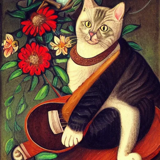 Image similar to cat with lute, flowers in the background, medieval portrait, colorful, medium shot
