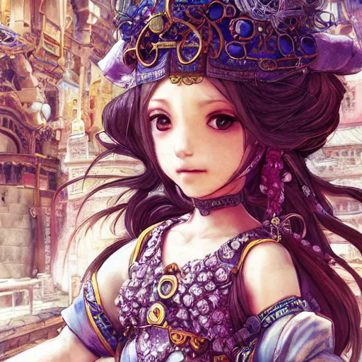 Image similar to character portrait of the monkey princess with gorgeous detailed eyes in the marketplace in the sky, color page, tankoban, 4 k, tone mapping, doll, akihiko yoshida, james jean, andrei riabovitchev, marc simonetti, yoshitaka amano, long hair, ape, curly
