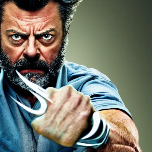 Prompt: logan wolverine with 3 claws released from his wrist as nick offerman, photorealistic mervel movie still, detailed, 8 k, digital art