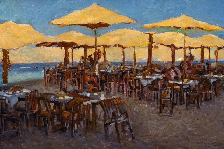Image similar to italian restaurant on the beach, dappled light, scott christensen
