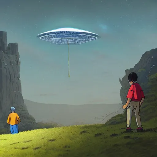 Image similar to highly detailed cell - shaded cartoon landscape with two boys looking at a miniature ufo 1 9 8 0 s science fiction, 1 9 7 0 s science fiction, cyberpunk, moody, misty, depth perception, 4 k, artstation, in the style of studio ghibli