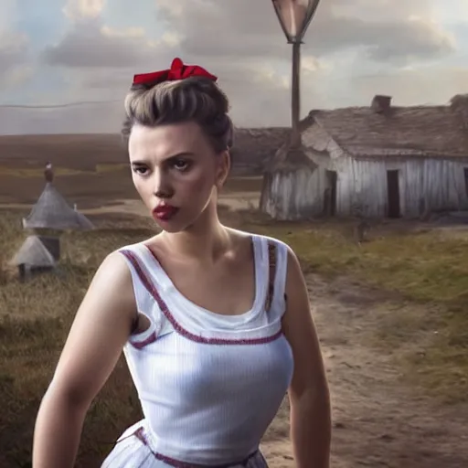 Prompt: fullbody portrait of scarlett johansson in white blue striped sleeveless, dress, russian ww 1 village at background, hair tied in a bun with red bow, style ivan talavera and artgerm, radiant lighting, hyper realistic, photorealistic, octane render, trending on artstation, cgsociety, cinematic light, global illumination