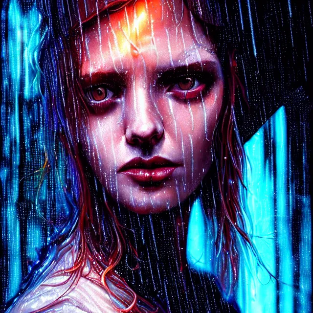 Prompt: bright portrait LSD glowing backlit rain on face and wet hair, cyberpunk, overhead lighting, fantasy, intricate, elegant, dramatic lighting, highly detailed, lifelike, photorealistic, digital painting, artstation, illustration, concept art, smooth, sharp focus, art by John Collier and Albert Aublet and Krenz Cushart and Artem Demura and Alphonse Mucha