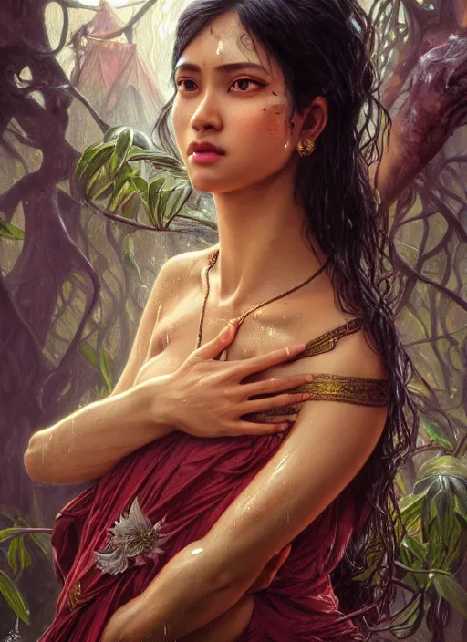 Prompt: kuntilanak on bayan tree, d & d, wet, shiny, fantasy, details face, intricate, baroque, elegant, higly detailed, dramatically art, ultra definition, digital painting, artstation, concept art, smooth, sharp focus, illustration, art by artgerm and greg rutkowski and alphonse mucha and garis edelweiss and alex flores