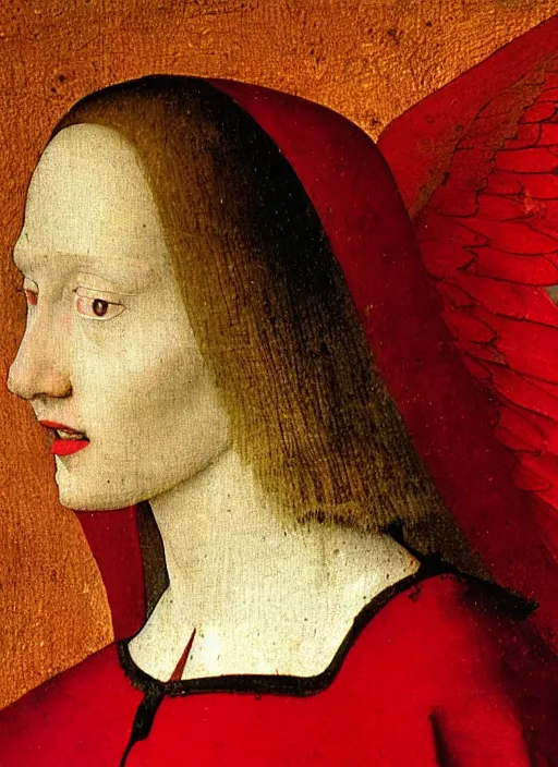 Image similar to profile of a fallen angel dressed in red with wings by Jan van Eyck, Hieronymus Bosch, Johannes Vermeer 4k post-processing, highly detailed medieval painting