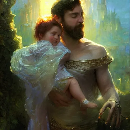 Image similar to the great father of the family, he is high up in his starry cloak, hugging his beautiful frail wife, with a little glowing baby in her arms. highly detailed painting by gaston bussiere, craig mullins, j. c. leyendecker 8 k