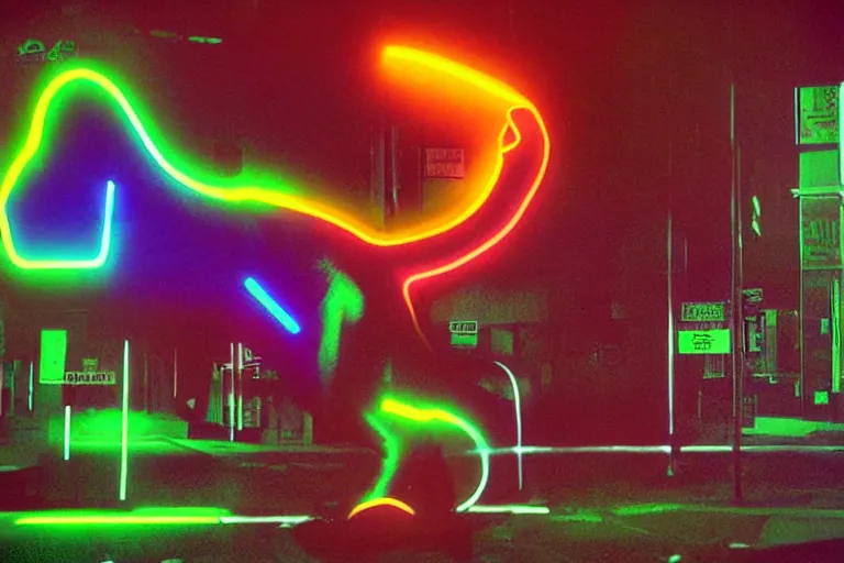 Image similar to poster of a T-Rex thick neon lights, ektachrome photograph, volumetric lighting, f8 aperture, cinematic Eastman 5384 film