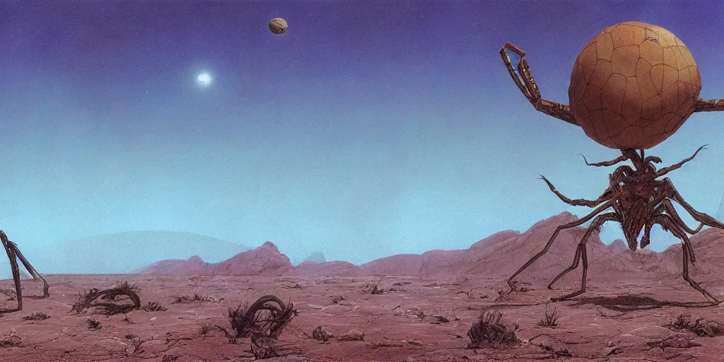 Image similar to remains of a gigantic extraterrestrial spider in the desert, beautiful matte painting of a science-fiction planet, Moebius, Roger Dean, Arstation, Arstation, Artstation