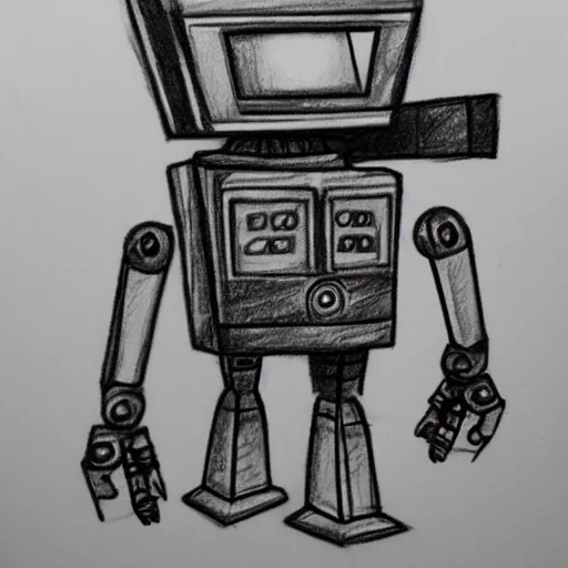 Image similar to pencil sketch of a awkard robot with joints that creak and a triangular head with 2 antenna