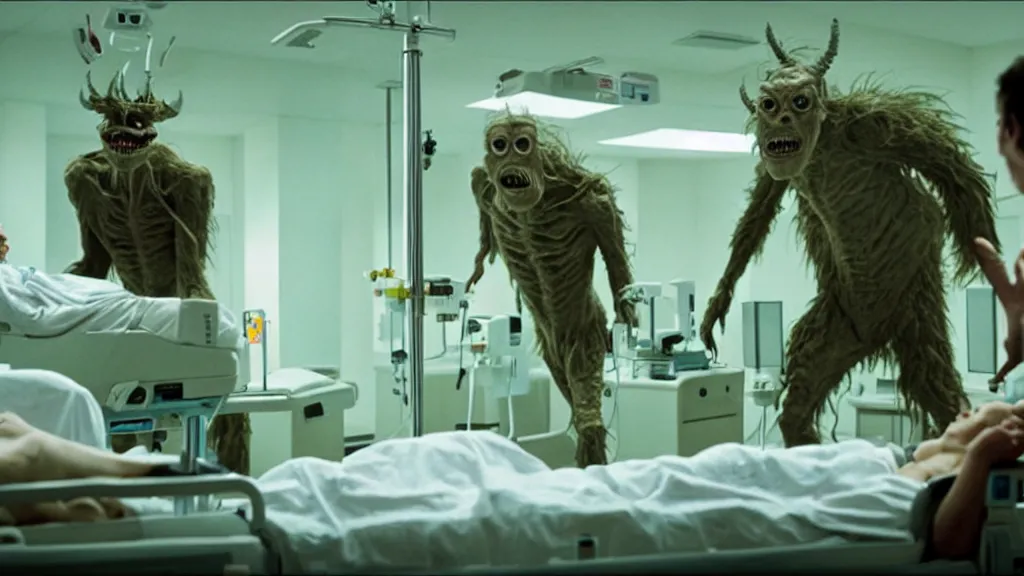 Image similar to monsters invade the hospital, film still from the movie directed by denis villeneuve and david cronenberg with art direction by salvador dali