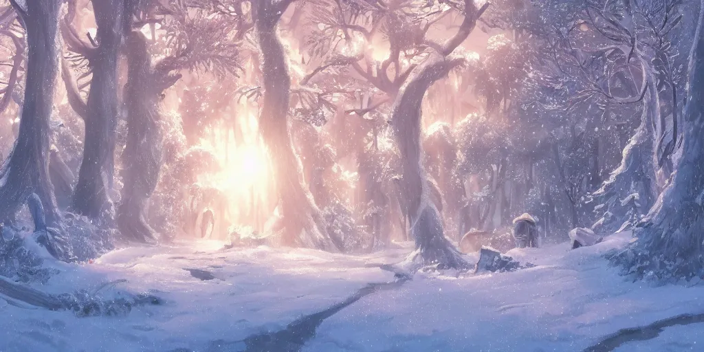 Image similar to high quality illustration of an enchanted magical winter forest : : day time, sunshine, glowing snow, amazing mood : : art by daisuke tsutsumi and ghibli studio, artstation art