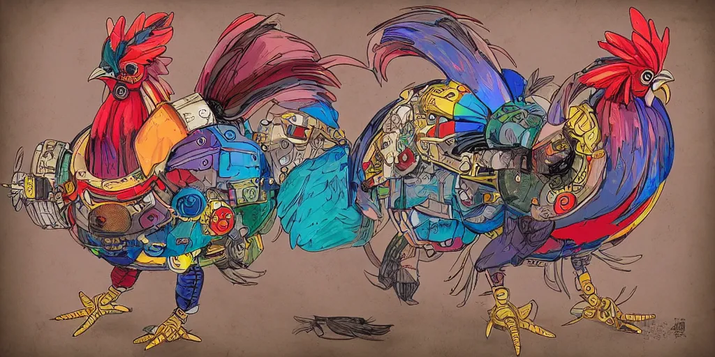 Prompt: colorful illustration of a fully armored mechanical rooster, diselpunk, mix of styles, style combination, studio ghibli color scheme