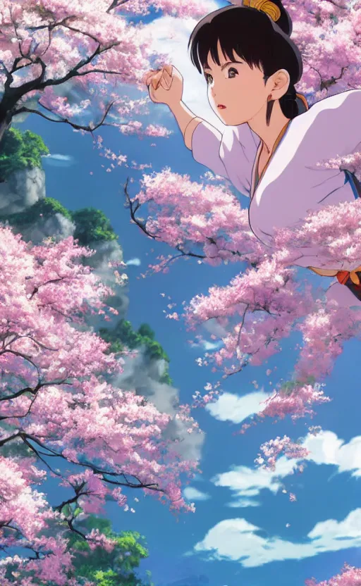 Prompt: an ultrawide photo of chun li standing in front of sakura trees, studio ghibli concept art, detailed face, beautiful face, beautiful eyes, beautiful lighting, hdr, 4 k