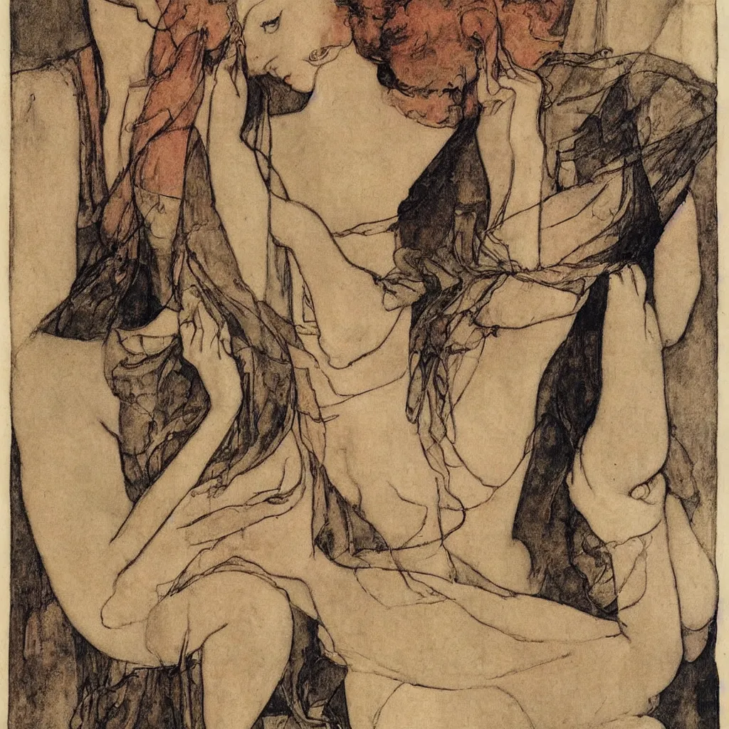 Image similar to engraving by egon shiele
