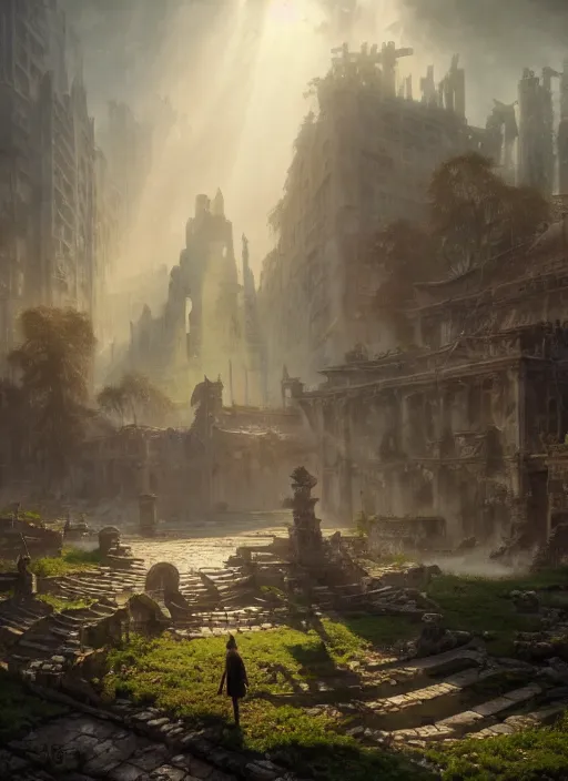 Image similar to the ruins of a once great city, mist, sunrays, dust in the air, dnd character, unreal engine, octane render, dramatic lighting, pond, digital art, by stanley artgerm lau, greg rutkowski, thomas kindkade, alphonse mucha, loish, norman rockwell,