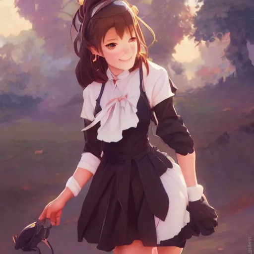 Prompt: a young woman in maid uniform by Stanley Artgerm Lau, WLOP, Rossdraws, Guweiz, James Jean, Andrei Riabovitchev, Marc Simonetti, and kyoani, krenz cushart, pixiv