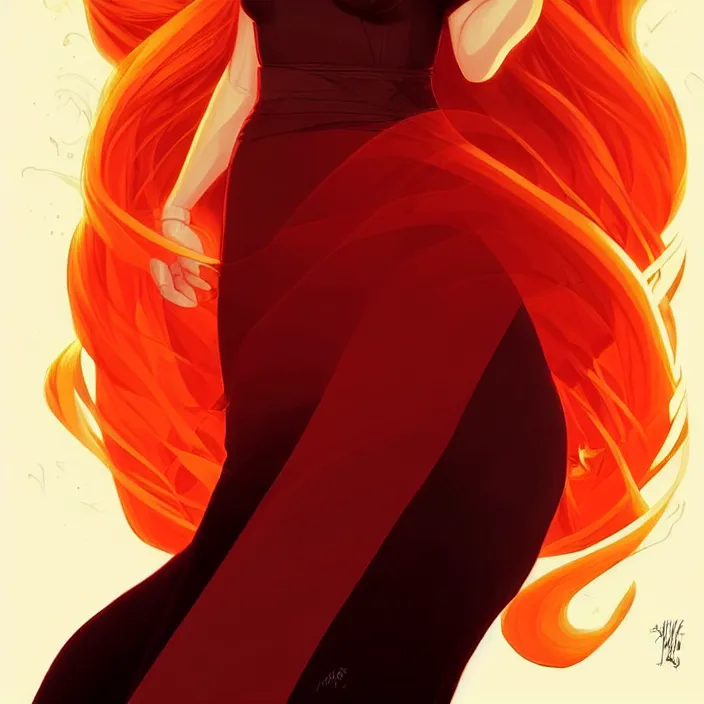 Image similar to style artgerm, joshua middleton, beautiful kristen bell with dark red dress, very long orange hair, symmetrical face, symmetrical eyes, fire powers fire swirling, detailed, volcano setting, cinematic lighting