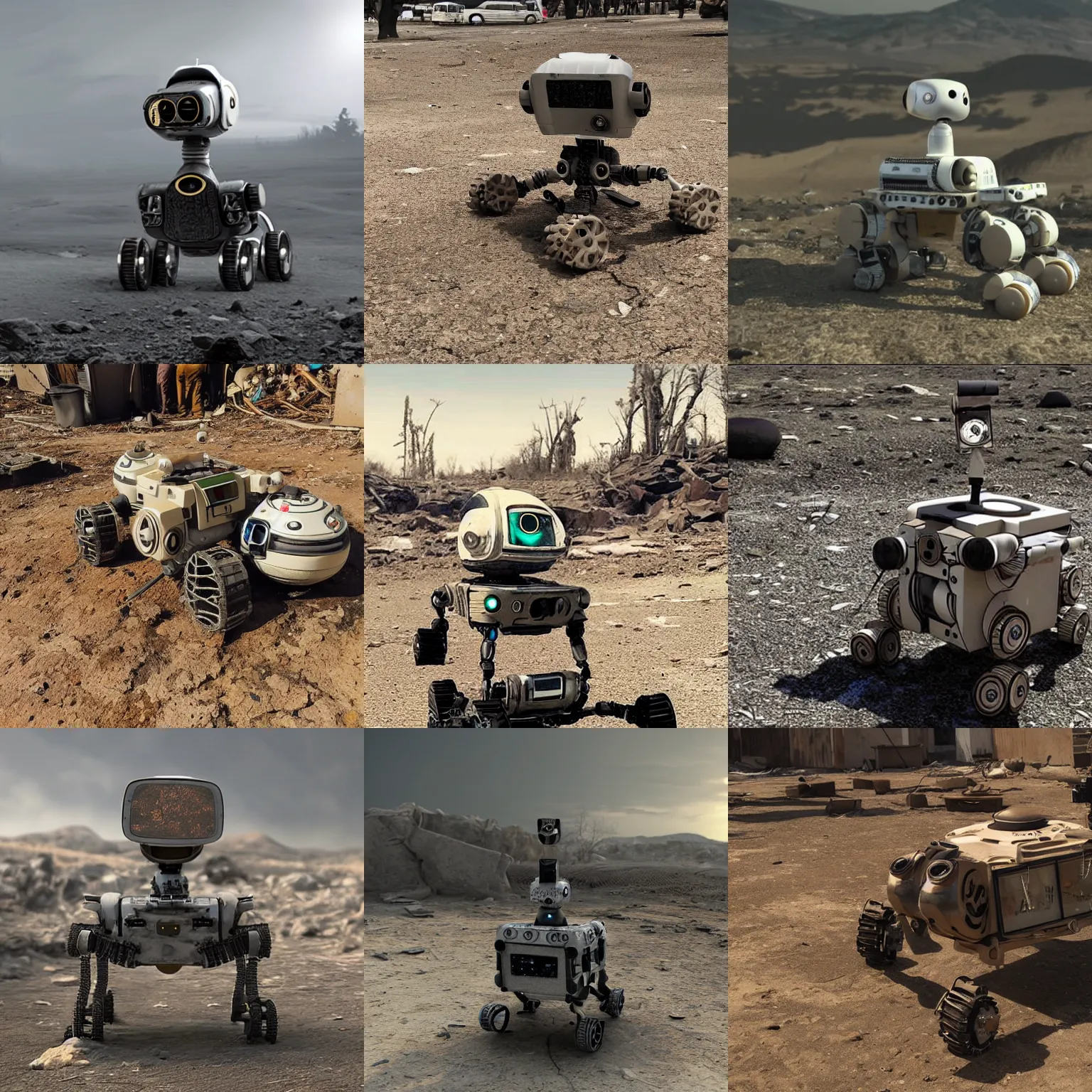 Prompt: photograph of a realistic rover robot wearing a scarf in the post apocalyptic future