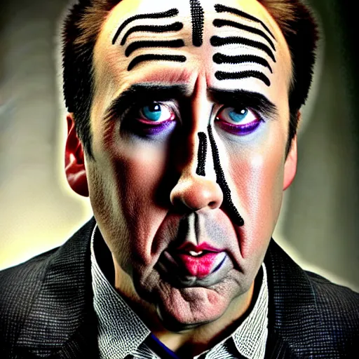 Image similar to uhd candid photo of nicholas cage made out of chickenwire. correct face, accurate face, exaggerated features, intricate details, intricate clown makeup, hyperdetailed, accurate face. photorealistic. photo by annie leibowitz