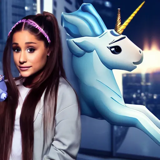 Image similar to ariana grande as a ceo flying a unicorn, cyberpunk, photography, realistic,