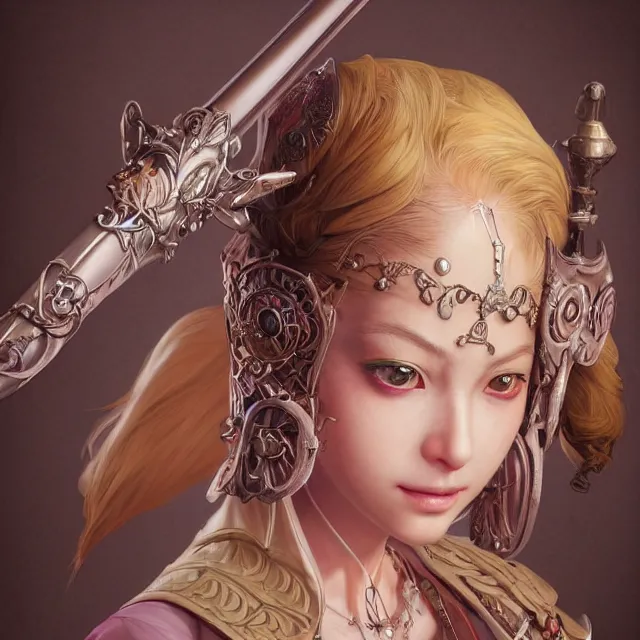 Image similar to studio portrait of neutral good colorful female cleric bard healer as absurdly beautiful, elegant, young skinny gravure idol, ultrafine hyperrealistic detailed face illustration by kim jung gi, irakli nadar, intricate linework, sharp focus, bright colors, matte, octopath traveler, final fantasy, unreal engine highly rendered, global illumination, radiant light, intricate environment