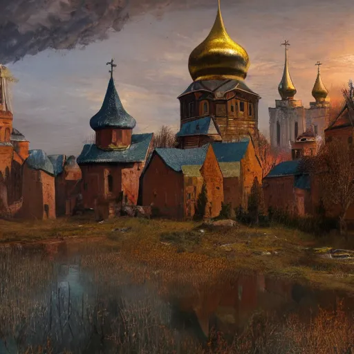 Prompt: photo ancient Slavic Russian city of Kitezh, concept art, painting by Viktor Vasnetsov, magical city, fantasy cityscape, ancient Slavs, wooden buildings, ancient Russian architecture, terem, hyperborea, top cinematic lighting , cinematic mood, very detailed, 8k, high resolution, trending on artstation, artstationHD,