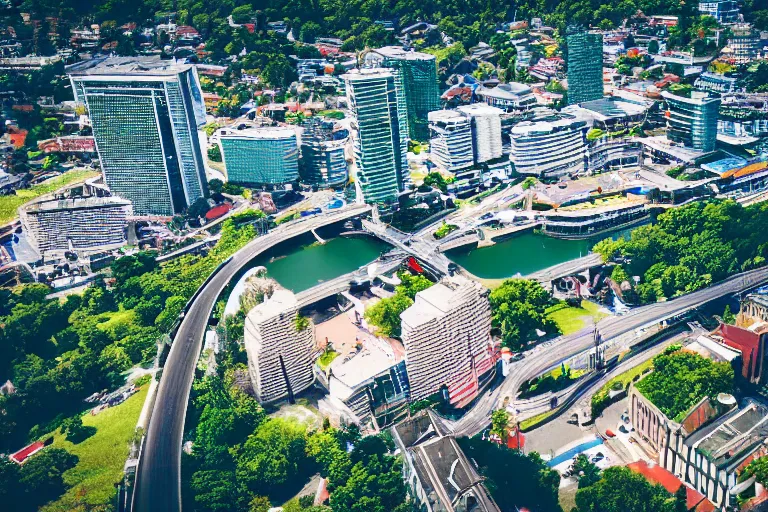 Image similar to bird's eye view photography of a small city. town hall, central farm, monorail station, beach and harbor. hills, woods and lake to the north.