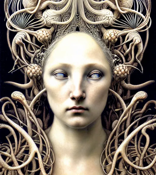 Image similar to detailed realistic beautiful ivory goddess face portrait by jean delville, gustave dore, iris van herpen and marco mazzoni, art forms of nature by ernst haeckel, art nouveau, symbolist, visionary, gothic, neo - gothic, pre - raphaelite, fractal lace, intricate alien botanicals, biodiversity, surreality, hyperdetailed ultrasharp octane render