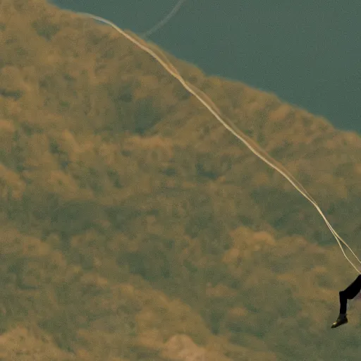 Image similar to a person on a hill flying a kite, next to a high-voltage transmission lines, in the style of filmmaker Shunji Iwai,