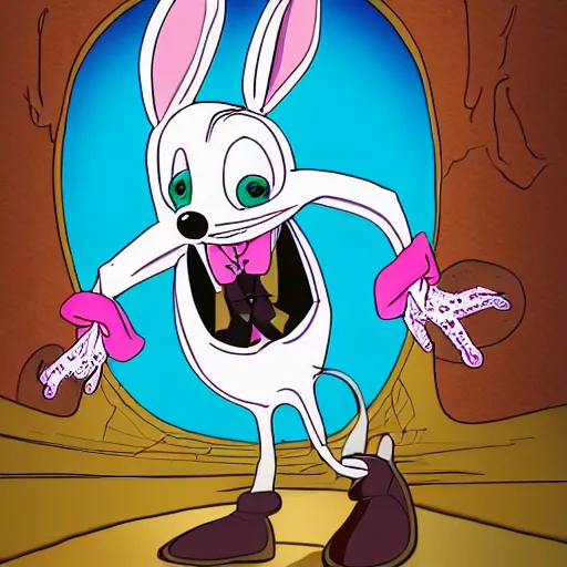 Prompt: A extremely highly detailed majestic hi-res beautiful, highly detailed portrait of a scary terrifying creepy cartoon rabbit evil smiling standing up wearing pants and a shirt in the style of Walt Disney animation