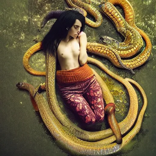 Prompt: kaleidoscopic, manmade by reylia slaby formicapunk. a beautiful installation art of a snake eating its own tail that seems to go on forever.