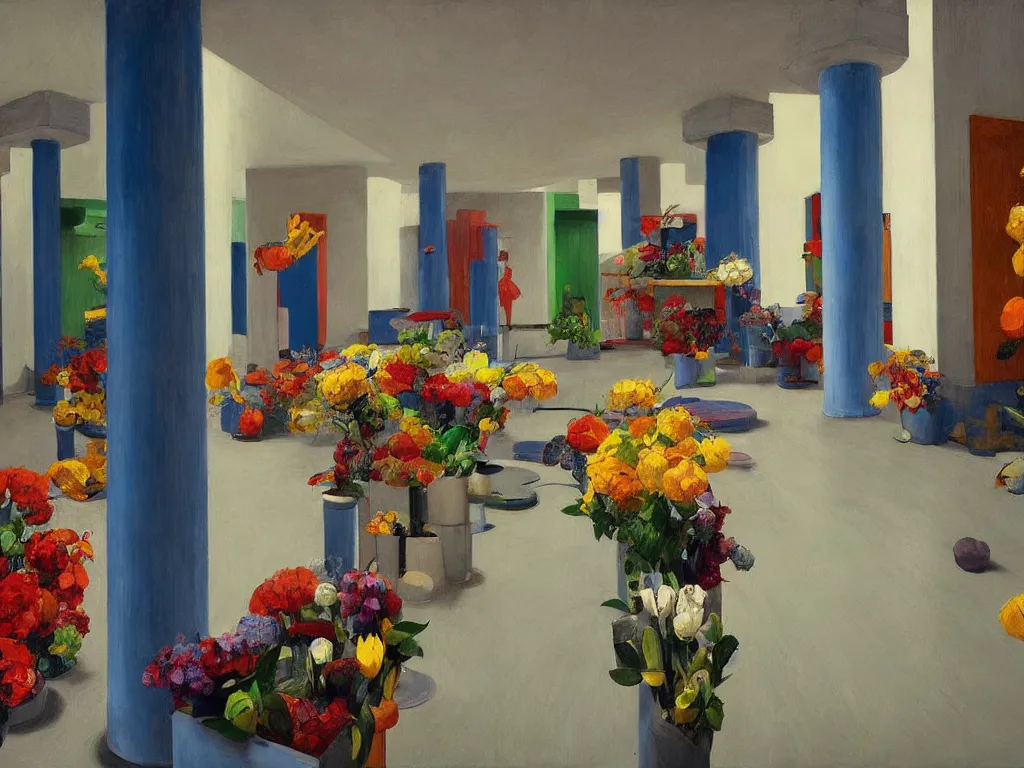 Image similar to colorful minimalist industrial interior hallway with monolithic pillars in the style of ridley scott and stanley kubrick, impossible stijl architecture, bed of flowers on floor, brutalist, ultra wide angle view, realistic detailed painting by edward hopper