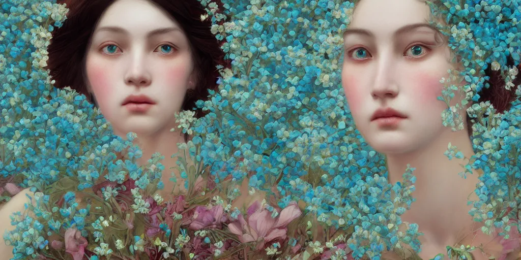 Image similar to breathtaking detailed concept art painting portrait of the goddess of nemophila flowers, orthodox saint, with anxious piercing eyes, ornate background, amalgamation of leaves and flowers, by hsiao - ron cheng, extremely moody lighting, 8 k