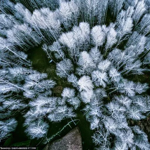 Prompt: Looking down at the forest floor, covered in fallen leaves, An indigo forest in Japan, dark, midnight, ghostly white trees