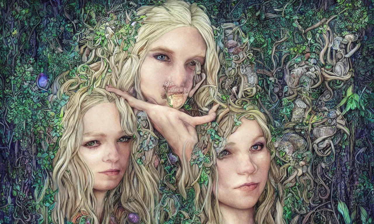 Prompt: beautiful blonde woman with plaits, forest fae, psychedelic mushrooms, magic, mystical, white witch, photorealistic, sacred geometry