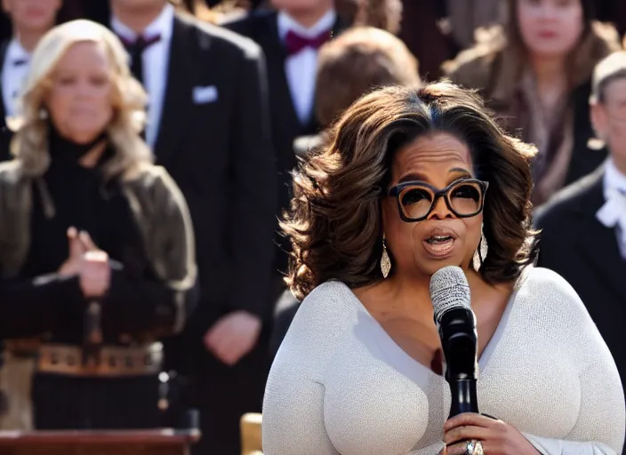 Image similar to oprah winfrey gives inaugural address on the steps of the capitol, 3 5 mm photography, highly detailed, cinematic lighting, standing pose, fully body shot, holding lightsaber 4 k