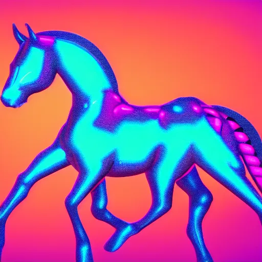 Image similar to A synthwave horse inspired by Tron. Trending on Artstation. Digital screenshot. Faded film grain. 1980s Computer Graphics.