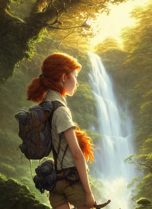 Image similar to detailed intricate digital illustration by james gurney and greg rutkowski and artgerm and wlop and sanford robinson gifford ; young red - haired explorer girl with a backpack and map, in an ancient forest, shimmering waterfall in background ; 1 3 mm film, arri alfa anamorphic lens ; sharp focus, golden hour lighting, trending on artstation 4 k