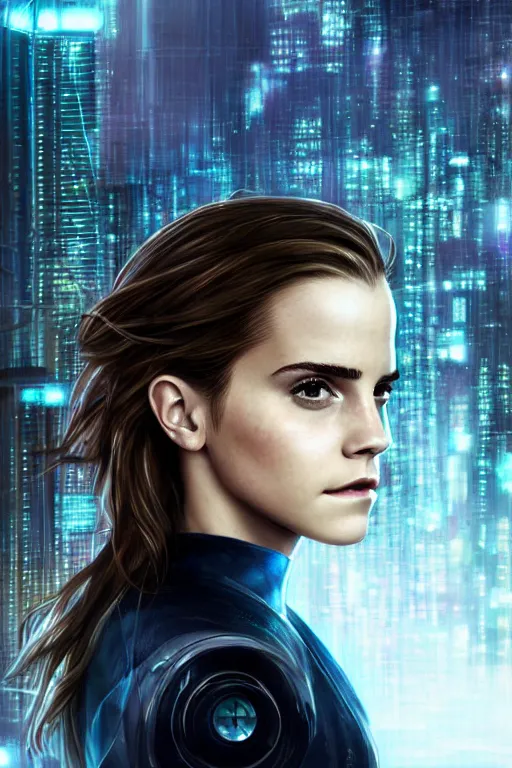 Image similar to Emma Watson, head and shoulders portrait, the background is a huge futuristic city, cyberpunk style futuristic neon lights, artstation cgsociety masterpiece highly-detailed