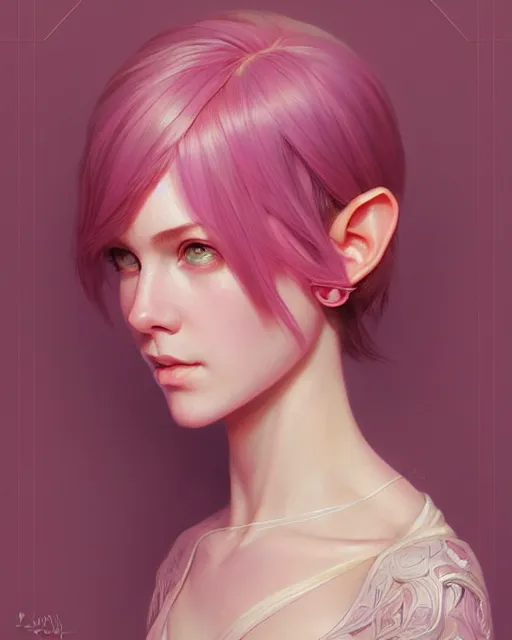 Image similar to portrait of pink layered bob half elf, intricate, elegant, highly detailed, digital painting, artstation, concept art, smooth, sharp focus, illustration, art by artgerm and greg rutkowski and alphonse mucha and uang guangjian and gil elvgren and sachin teng and wlop, symmetry