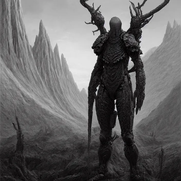 Image similar to a vertical portrait of a character in a scenic environment by wayne barlowe, black and white, dreamy, armor, highly detailed, 3 d render, vray, octane, realistic lighting