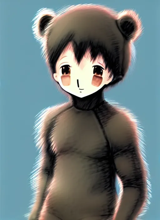 Image similar to beautiful little boy wearing an cyborg bear suit, artwork in kentaro miura and made in abyss and rosdraws, smooth, beautiful lightness, anatomically correct, trending on pixiv, forest