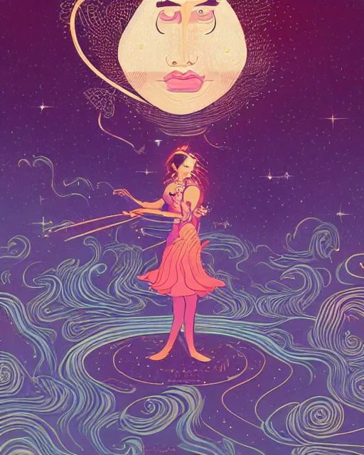 Prompt: Celestial Genie, retro illutration in the style of victo ngai