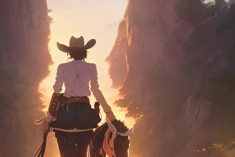 Image similar to western cowgirl, single subject, scenic full shot, ambient lighting, detailed face, by makoto shinkai, stanley artgerm lau, wlop, rossdraws