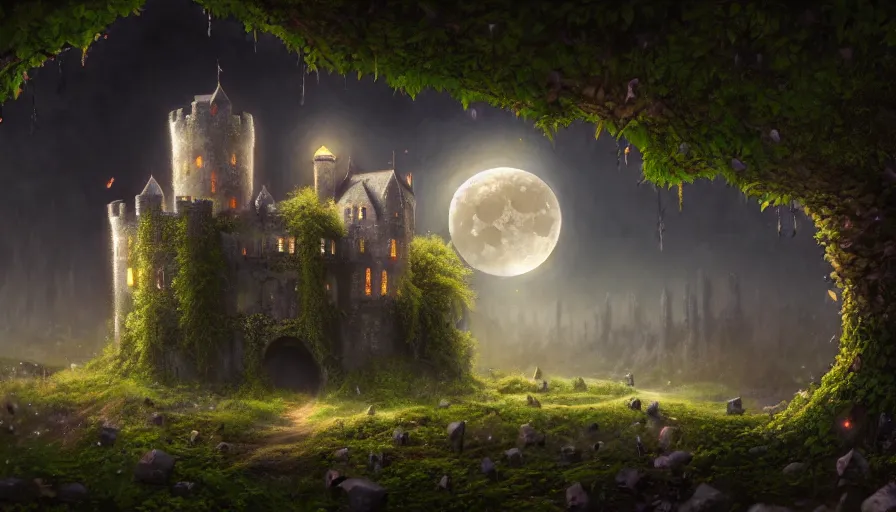 Image similar to a living castle, vines, forest, hyperrealistic, highly detailed, cinematic, single ray of moon, dark sky, beautiful, cgssociety, artstation, 8 k, oil painting