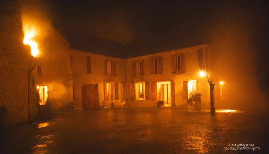 Prompt: 1 9 7 0 s movie still of a heavy burning french style stonehouse in a small southern french village by night rain fog, cinestill 8 0 0 t 3 5 mm, heavy grain, high quality, high detail, dramatic light, anamorphic, flares