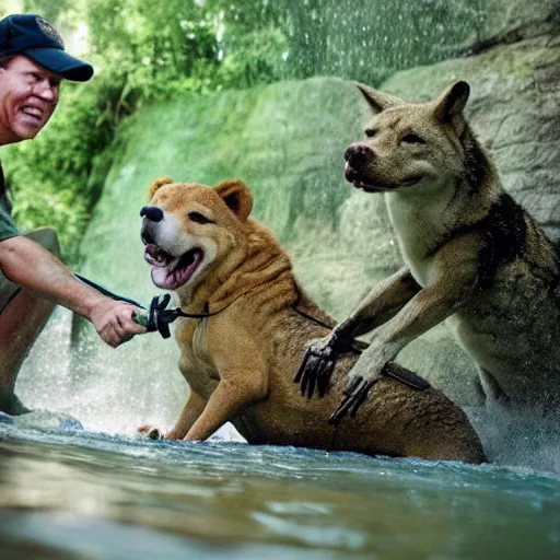 Image similar to steve irwin playing with dingo and crocodile in front of waterfall, epic detailed cinematic award winning profile photography 8 k