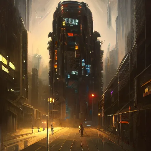 Image similar to gigantic cyberpunk megastructure, sidewalk, size comparsion, night, dramatic lighting, chiaroscuro, high detail, painted by greg rutkowski, painted by igor kieryluk, painted by raymond swanland, trending on artstation