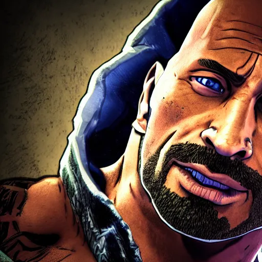 Prompt: dwayne douglas johnson portrait, borderlands, tales from the borderlands, the wolf among us, comic, cinematic lighting, studio quality, 8 k